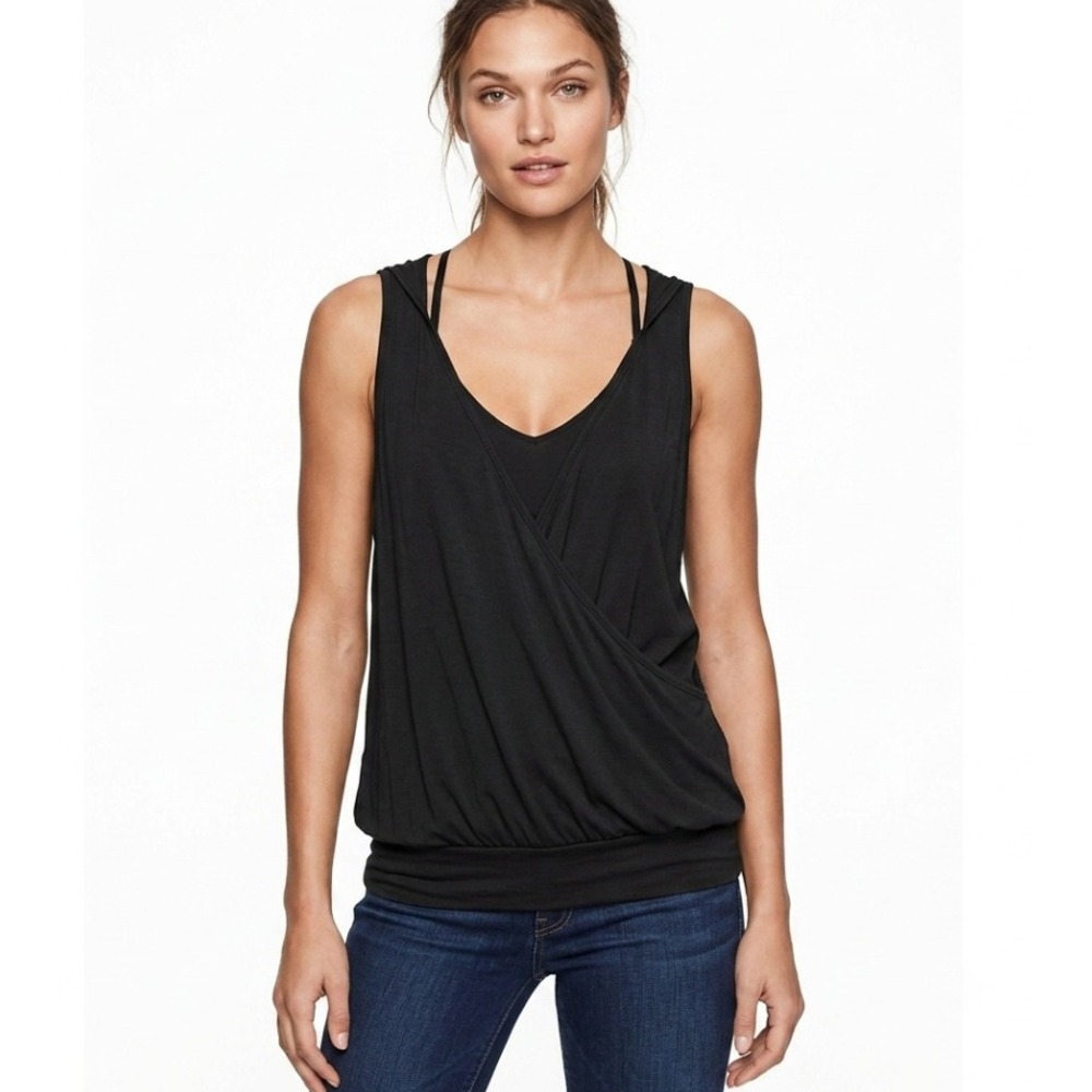 Victoria's Secret Hooded Tunic Tank Women M/L Black Surplice Draped Lounge Top